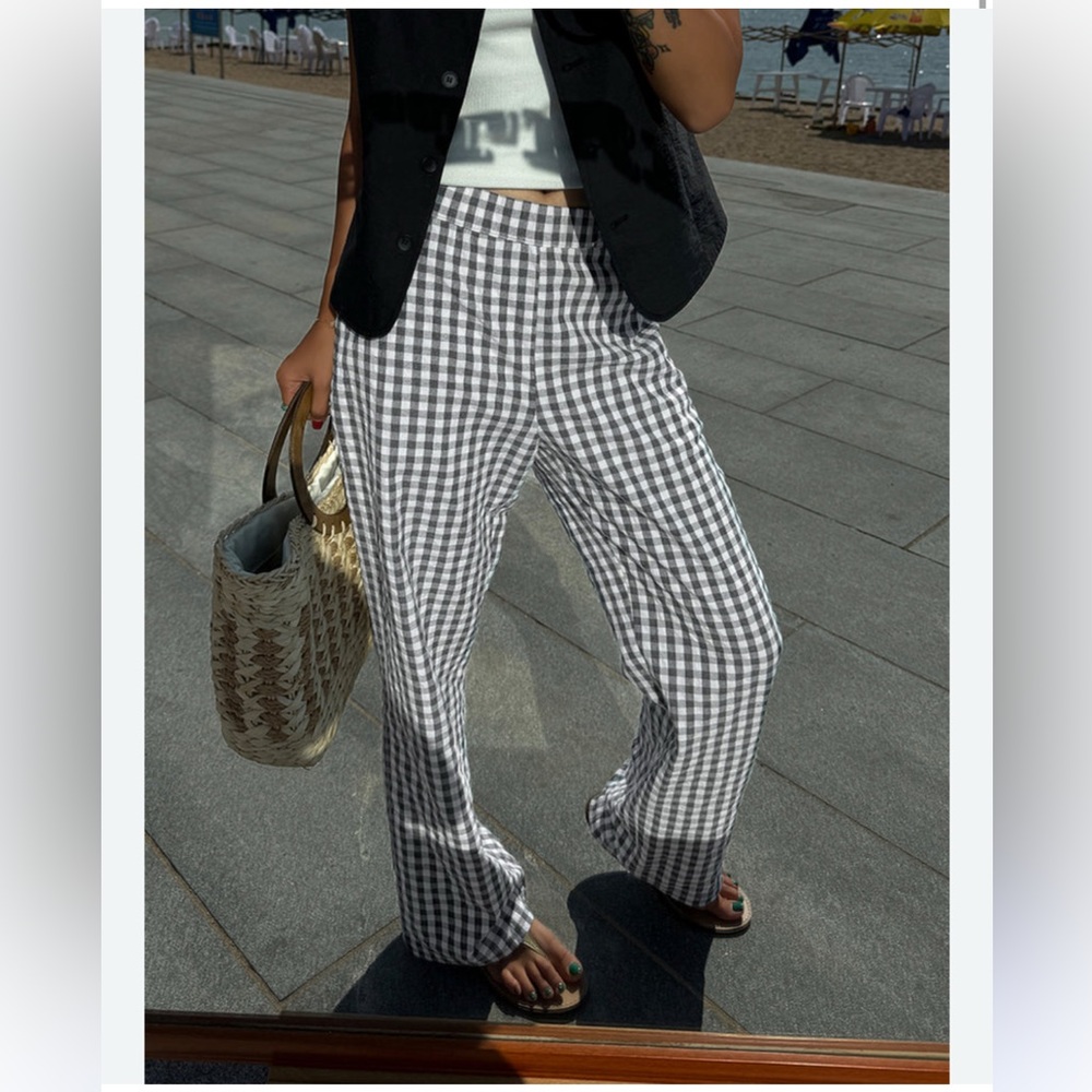 Commense Black & White Gingham Wide Leg Pants
